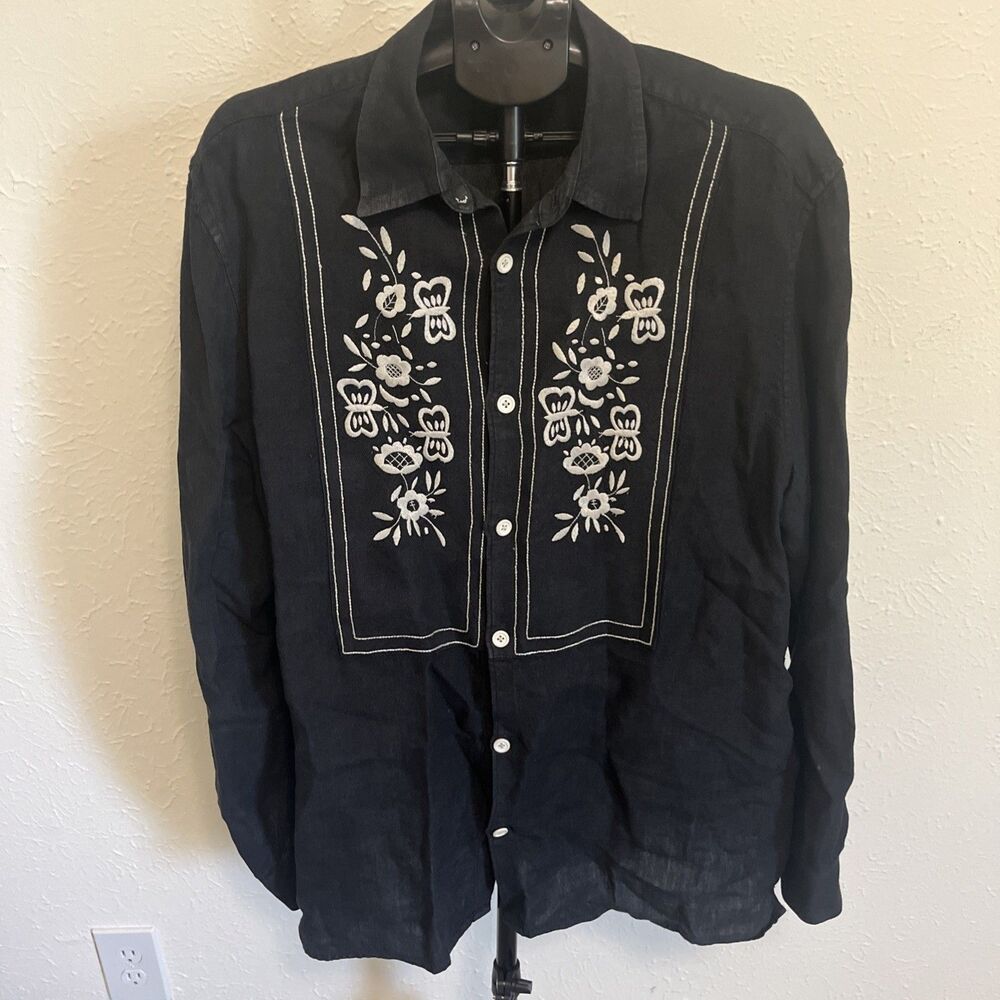 LUCKY BRAND Men's Dungarees Linen L/S Shirt Button Front Embroidered Black XL - Picture 3 of 10